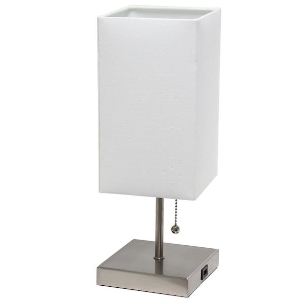 Simple Designs 14.25 in. Brushed Nickel Petite Stick Lamp with USB Charging Port and White Fabric Shade