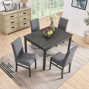 5-Piece Black Wood Outdoor Dining Set with Grey Cushions, Retangular Dining Table and 4 Dining Chairs for Living Room