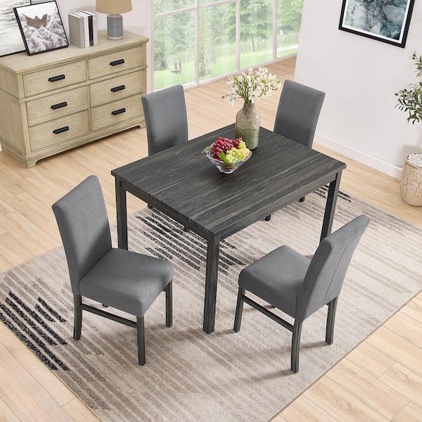 Unbranded 5-Piece Black Wood Outdoor Dining Set with Grey Cushions, Retangular Dining Table and 4 Dining Chairs for Living Room