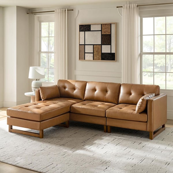 Dimitri 101 in. Square Arms 1 Piece Genuine Leather Reversible Sectional in Camel