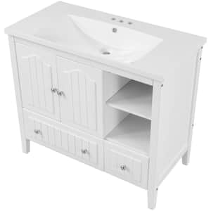 36 in. W x 18.03 in. D x 32.13 in. H Bathroom Vanity in White Solid Frame Bathroom Cabinet with Ceramic Basin Top