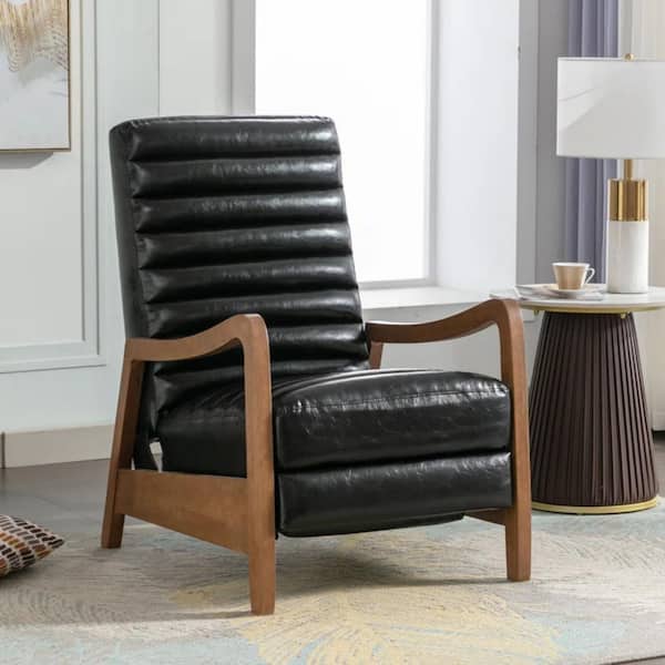 Bestier 26 in. W Black Luxurious Oil Wax Leather Push-back Recliner with Wooden Frame Upholstered Arm Recliner