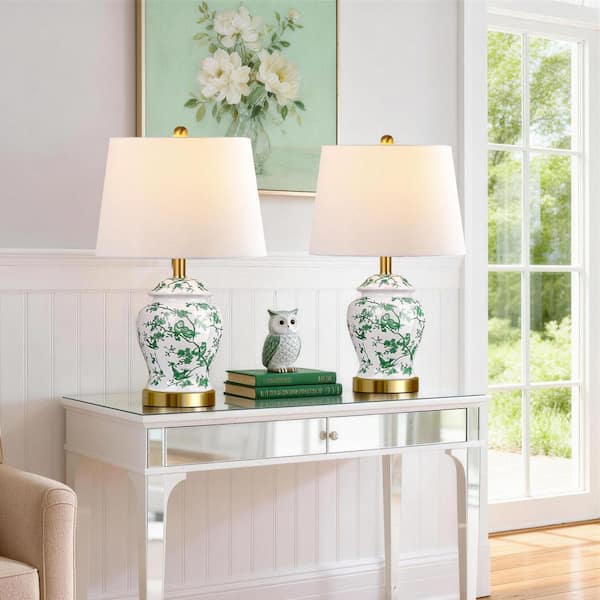 22 in. Green and White Chinoiserie Ceramic Table Lamp Set of 2 Vintage Traditional Bedside Lamps for Living Room Bedroom