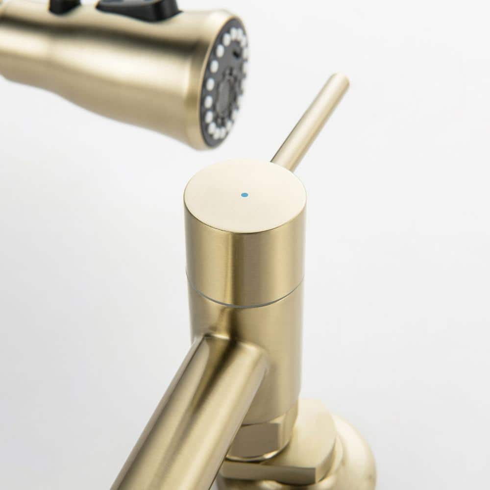 Brushed Gold Wall-Mounted Kitchen Faucet with Pull-Out Spray