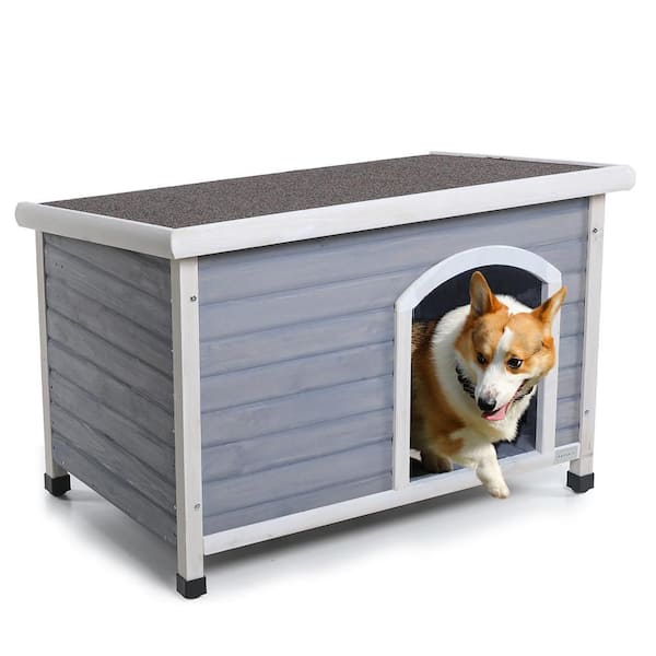 Picture Idea: Grey Medium Wooden Outdoor Dog House With Waterproof Roof Elevated