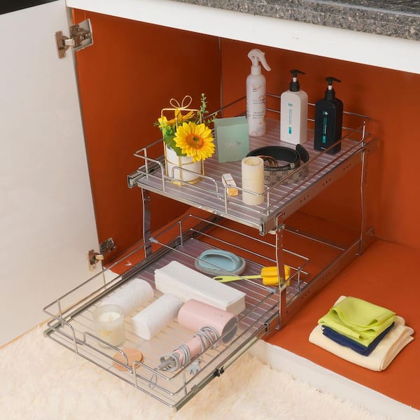SKYSHALO 2-Tier 17 in. x 21 in. x 15 in. Pull-Out Cabinet Organizer, Steel Slide-Out Shelves, 18.5 x 22 x 18 in. Install Size