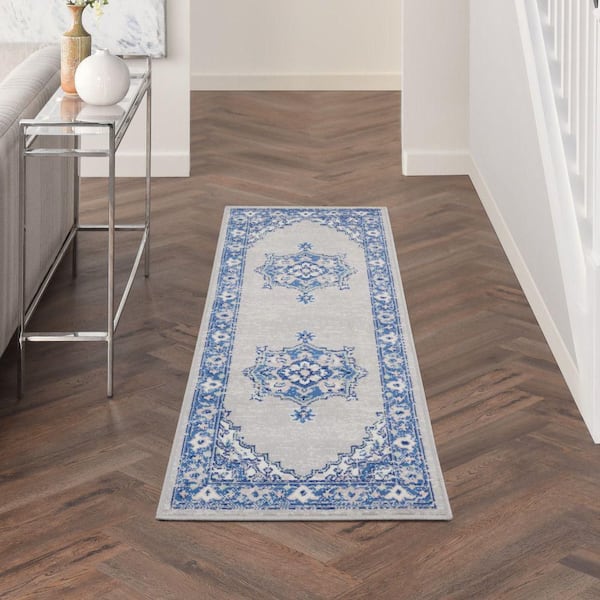 Whimsicle Grey Blue 2 ft. x 6 ft. Center Medallion Traditional Runner Rug