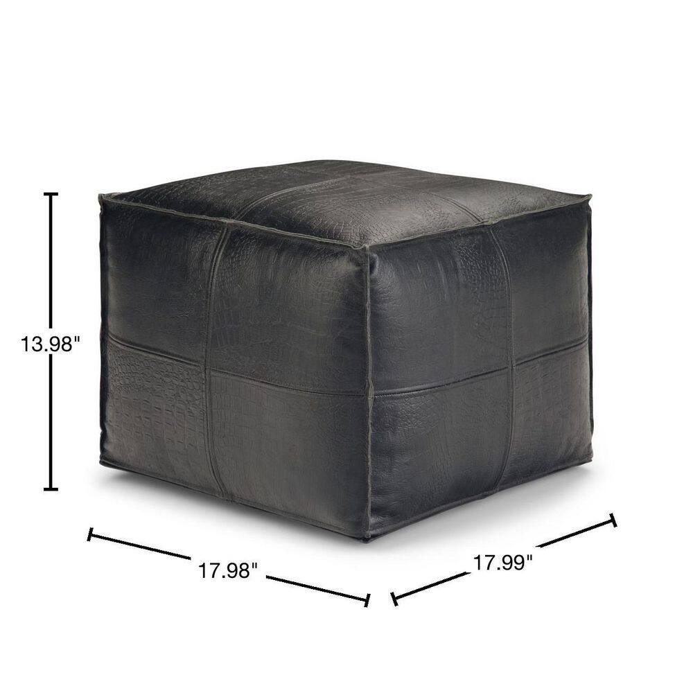Bohemian Black Genuine Leather Square Pouf Ottoman