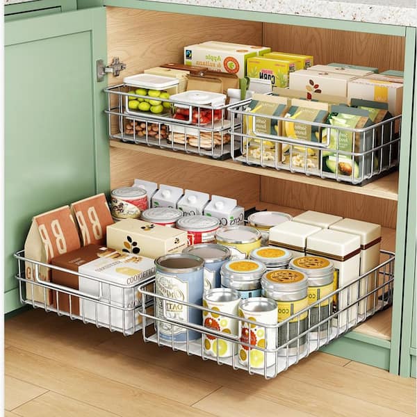 2 Pack Stainless Steel Pull Out Cabinet Organizer, Adhesive Slide Out Drawer with Slides, Pantry Storage Basket Rack