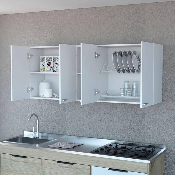 59.05 in. W x 12.4 in. D x 23.62 in. H Black Wood Ready to Assemble Wall Kitchen Cabinet with Shelves and Four Doors