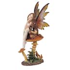 9 in. H Gold Fairy with Clear Wings Sitting on Mushroom Statue Fantasy Decoration Figurine