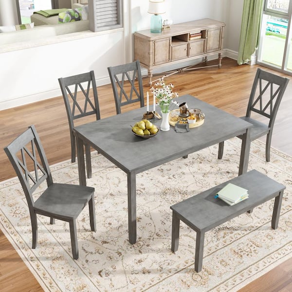 Unbrand 6 Piece Antique Graywash Wooden, Dining Room Set With Bench Back