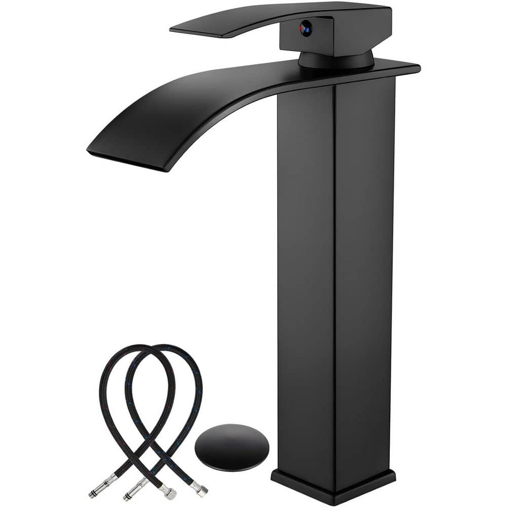 Single Handle Waterfall Spout Deck Mount Bathroom Faucet with Drain Kit Included in Matte Black price history on PriceWatchPro