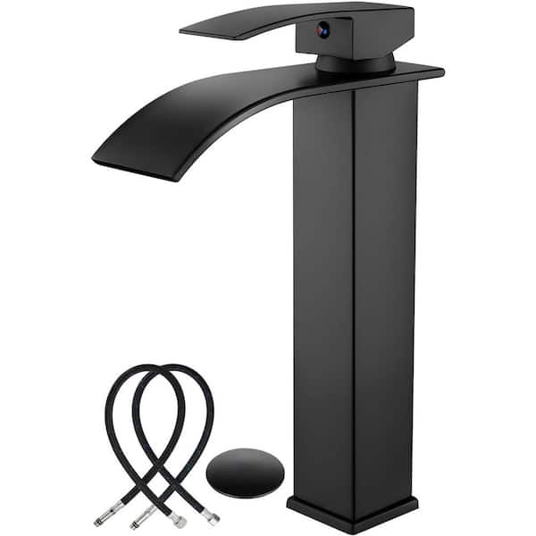 MTTCLE Single Handle Waterfall Spout Deck Mount Bathroom Faucet with Drain Kit Included in Matte Black