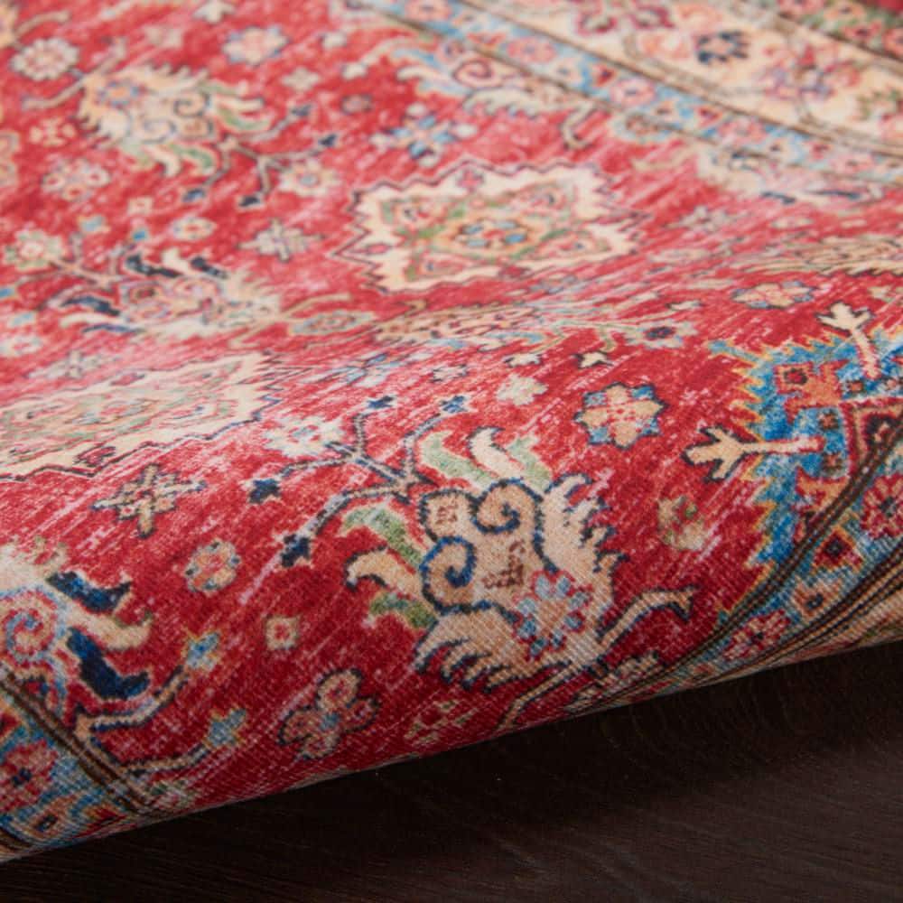 Red and Beige Synthetic Runner Rug with Non-Slip Backing