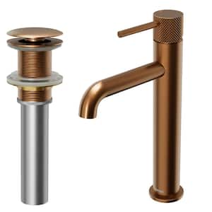 Tryst Single-Handle Single-Hole Vessel Bathroom Faucet with Matching Pop-Up Drain in Brushed Copper