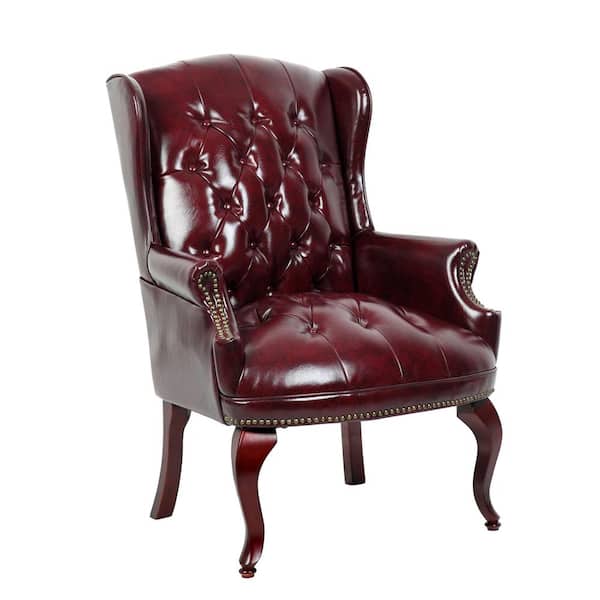 BOSS Office Products Wing Back Chair Burgundy Vinyl Mahogany Button Tufted Brass Nail Heads