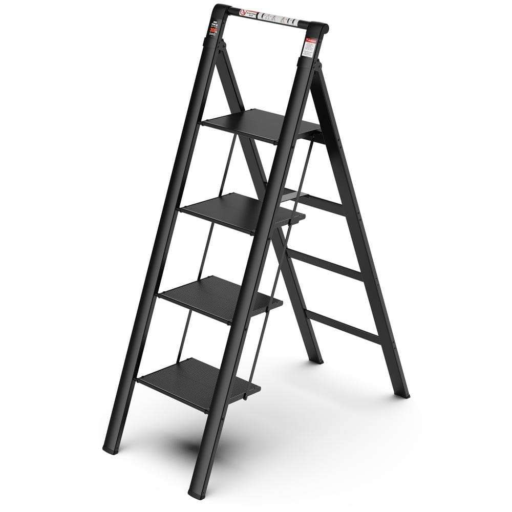 Amucolo 5.5 ft. 4 Step Aluminum Step Ladder, Retractable Handgrip Folding Step Stool (8.8 ft. Reach), 300 lbs Load Capacity