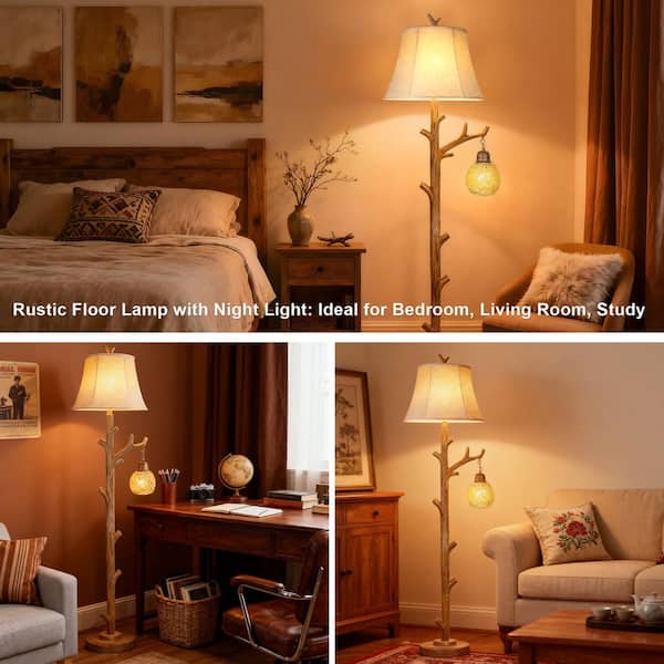 62 in. Rustic Tree Branch Floor Lamp, Brown Farmhouse Standing Light with Oatmeal Linen Shade,Woven Accent & Night Light