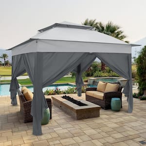 11 ft. x 11 ft. Gray Portable Pop up 2-Tier Gazebo with 4 Sidewalls Outdoor Canopy Shelter with Carry Bag