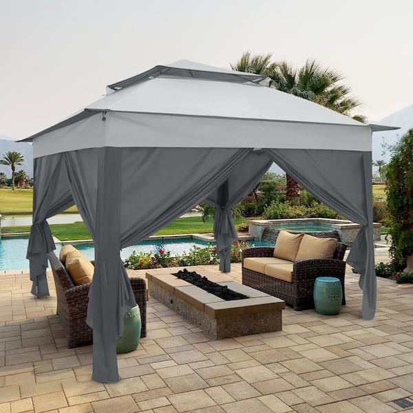 COOS BAY 11 ft. x 11 ft. Gray Portable Pop up 2-Tier Gazebo with 4 Sidewalls Outdoor Canopy Shelter with Carry Bag