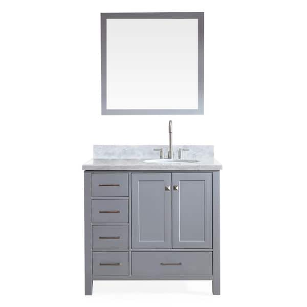 ARIEL Cambridge 37 in. W x 22 in. D x 36 in. H Bath Vanity in Grey with Carrara White Marble Top and Mirror