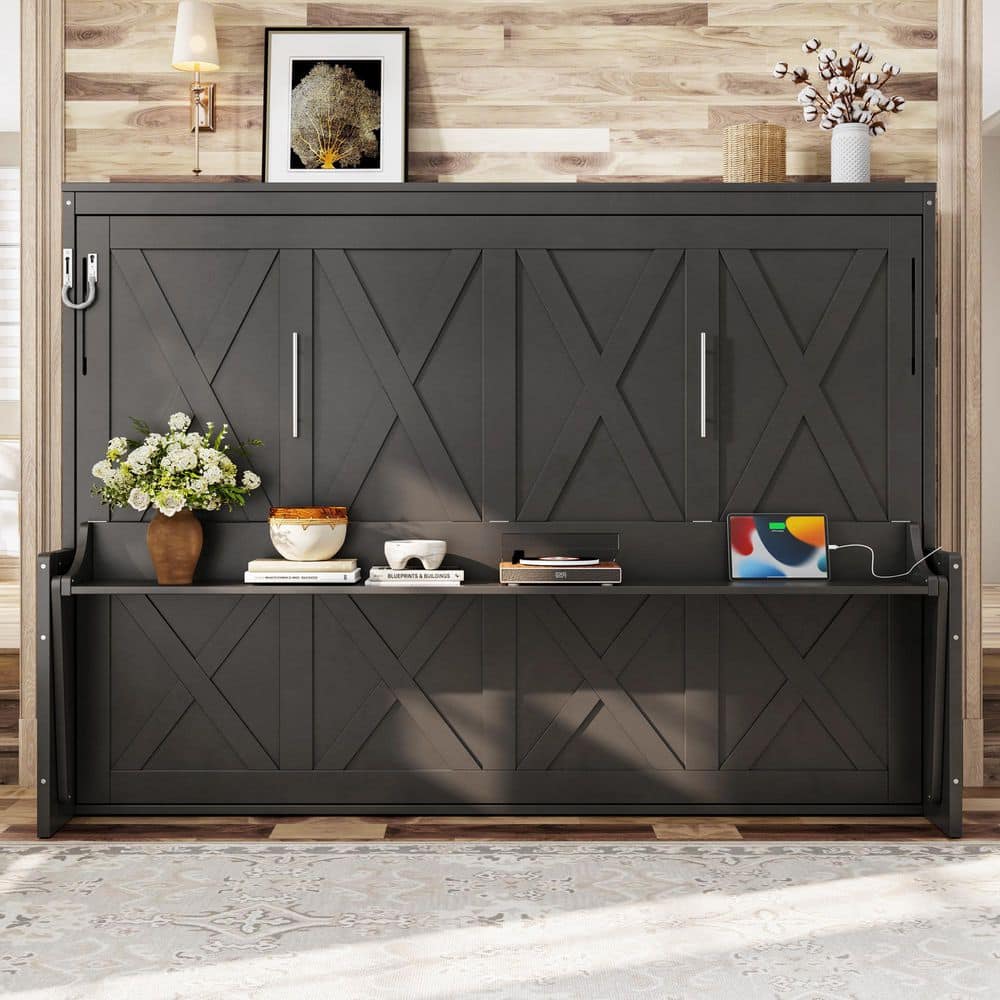 Sahnaz Dark Gray Wood Frame Queen Size Murphy Bed with Desk, USB Charging Station and LED Lights