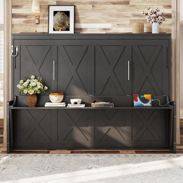 Sahnaz Dark Gray Wood Frame Queen Size Murphy Bed with Desk, USB Charging Station and LED Lights