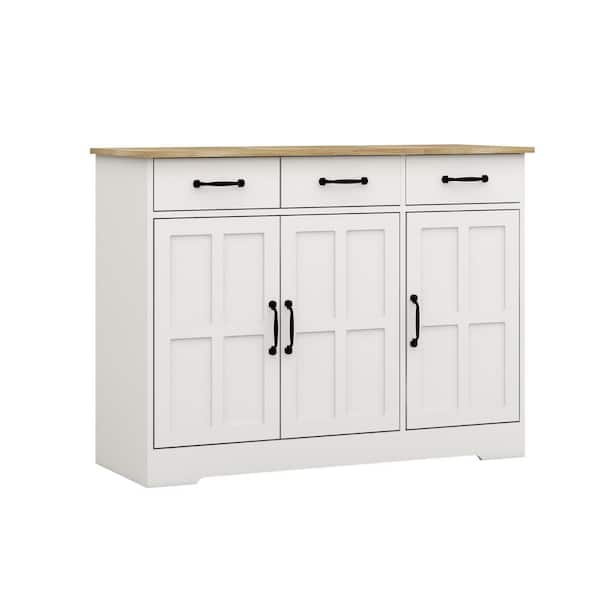 Unbranded White MDF 42.7 in. 3-Door Storage Sideboard Farmhouse Buffet Cabinet Kitchen Cupboard with 3-Drawers