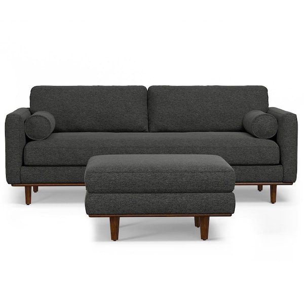Simpli Home Morrison Mid-Century Modern 89 in. Wide Sofa with Ottoman Set in Charcoal Grey Tightly Woven Performance Fabric