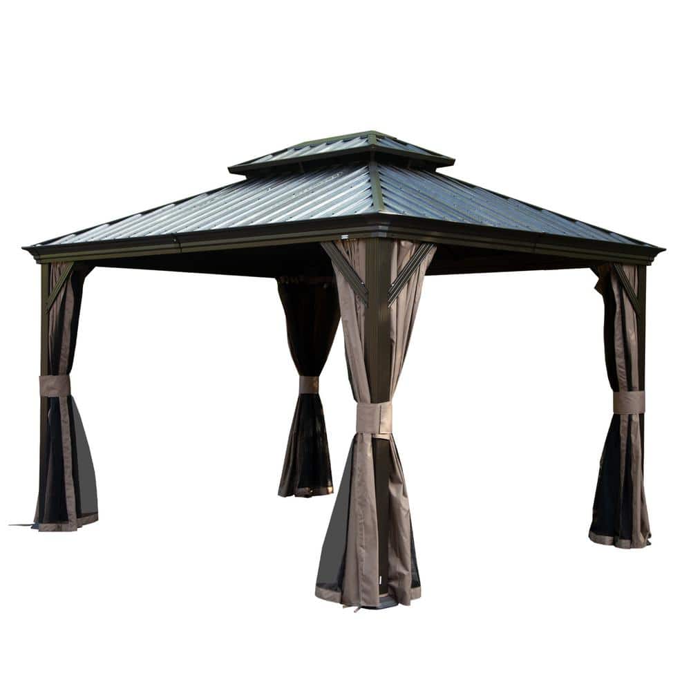 10' x 12' Brown Galvanized Steel Hardtop Gazebo with Curtains and Netting