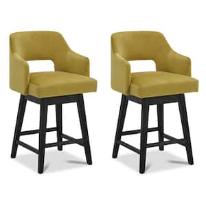 26 in. Joyce Yellow High Back Wood Swivel Counter Stool with Fabric Seat (Set of 2)
