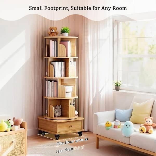 Ronald 360° Rotating 55.91 in. Tall Natural MDF 5-Shelf Corner Bookcase with Wheels and Drawer