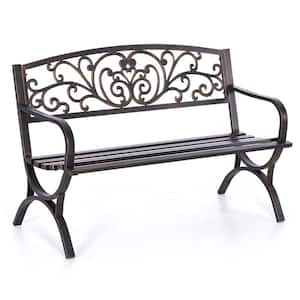 2-Person Bronze Metal Outdoor Garden Bench with Flowers Backrest and Armrests for Garden Park Yard Patio and Lawn