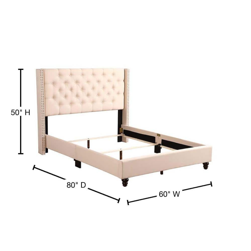 Julie Beige Velvet Tufted Full Panel Bed with Nailhead Trim
