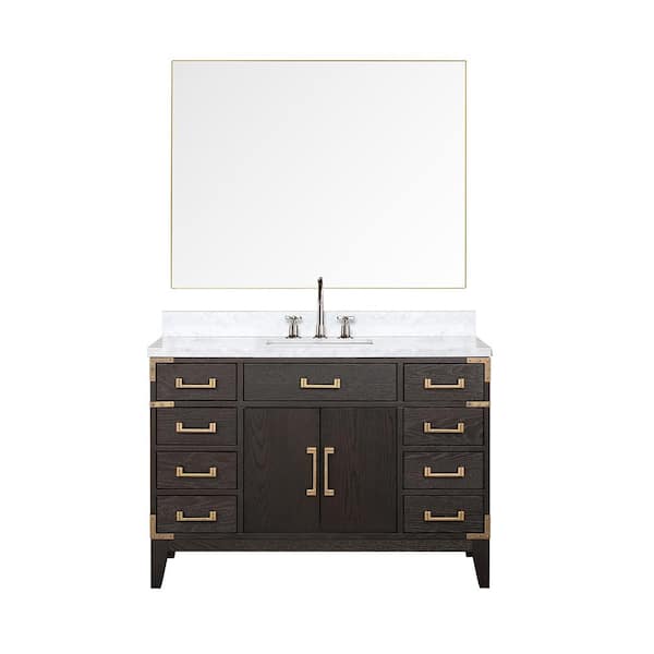 Fossa 48 in W x 22 in D Brown Oak Single Bath Vanity, Carrara Marble Top, Faucet Set, and 46 in Mirror
