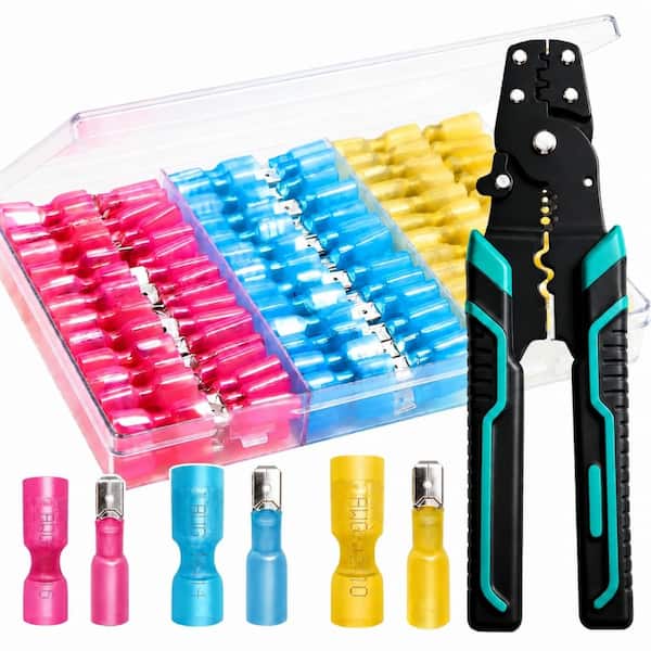 100-Piece Heat Shrink Spade Connector Kit with Crimping Tool AWG 22-10 Waterproof Male Female Terminals Red Blue
