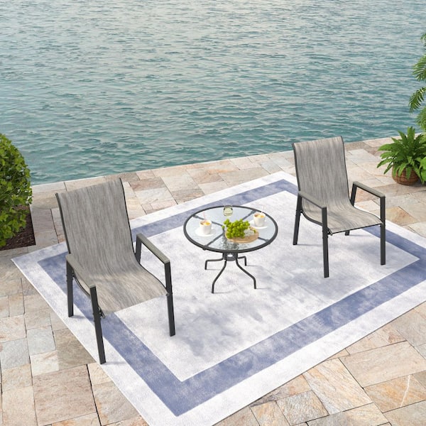 Poteban Weingarten 23 in. W Patio Dining Chair with Plastic Wood Handrails PVC-Coated Polyester High Back (Gray White Set of 2)
