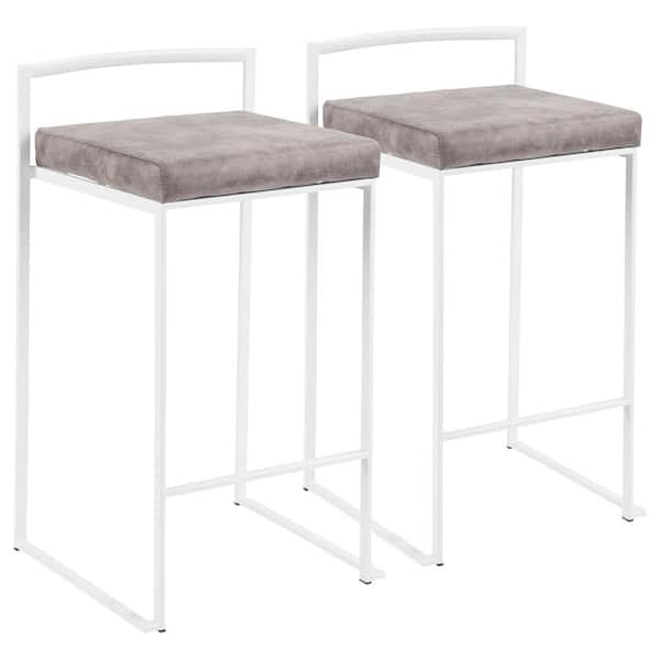 Lumisource Fuji 26 in. White Stackable Counter Stool with Stone Cowboy Fabric Cushion (Set of 2)