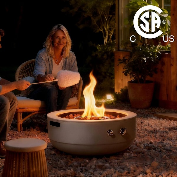 24 in. Propane Grey Round Steel Outdoor Fire Pit Table With Electronic Pulse Igniter