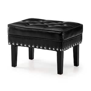 Mid-Century Modern Black Leatherette Button-Tufted Accent Stool