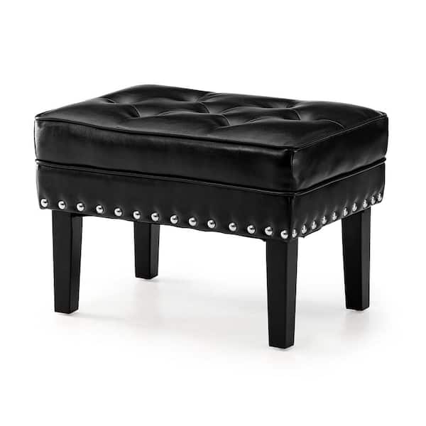 Glitzhome Mid-Century Modern Black Leatherette Button-Tufted Accent Stool
