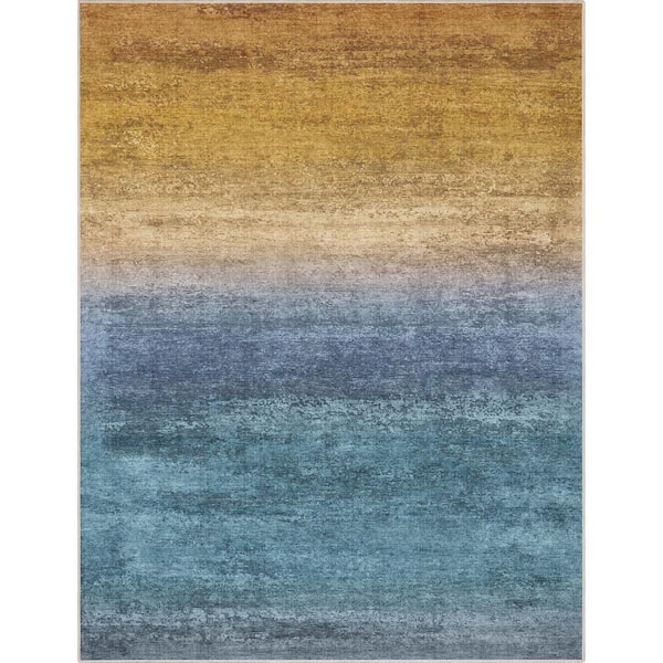 Well Woven Blue Gold 9 ft. 10 in. x 13 ft. Abstract Sunset Vintage Boho Gradient Flat-Weave Area Rug