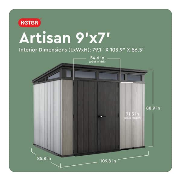Artisan 9 ft. W x 7 ft. D Grey Large Modern Durable Resin Plastic Storage Shed with Double Doors (64.9 sq. ft.)