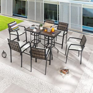 8-Piece Wicker Bar Height Outdoor Dining Set with Beige Cushions