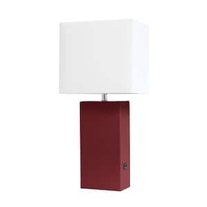21 in. Red Modern Leather Table Lamp with USB and White Fabric Shade