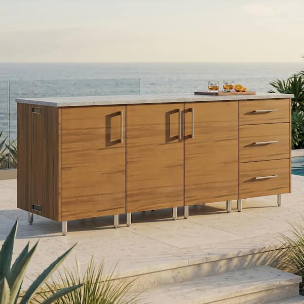 Midday 74.5 in. W Propane Grill Island in Miami Teak Brown with 3-Drawer Base and 2-Rot Cabinet