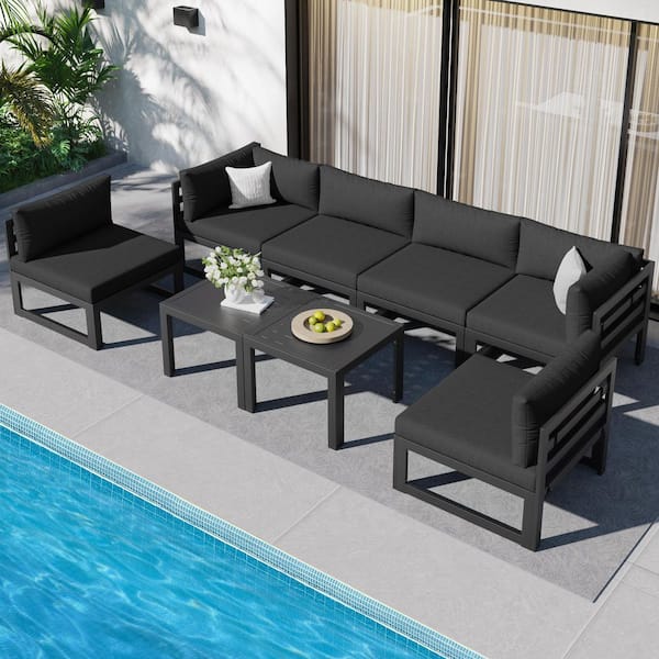 Unbranded Gray 8-Piece Aluminum Outdoor Patio Conversation Sectional Deep Seating Sofa Set with Dark Gray Cushions and Tables