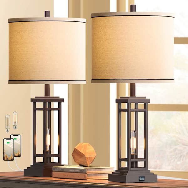 Rottogoon 27.5 Tall Farmhouse Oil-Rubbed Table Lamps with USB C Plus USB A Charge Ports, Rustic End Lamps (Set of 2) for Bedroom