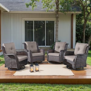 4-Piece Brown Swivel Glider Wicker Outdoor Rocking Chair with Gray Cushions and Curved Armrest